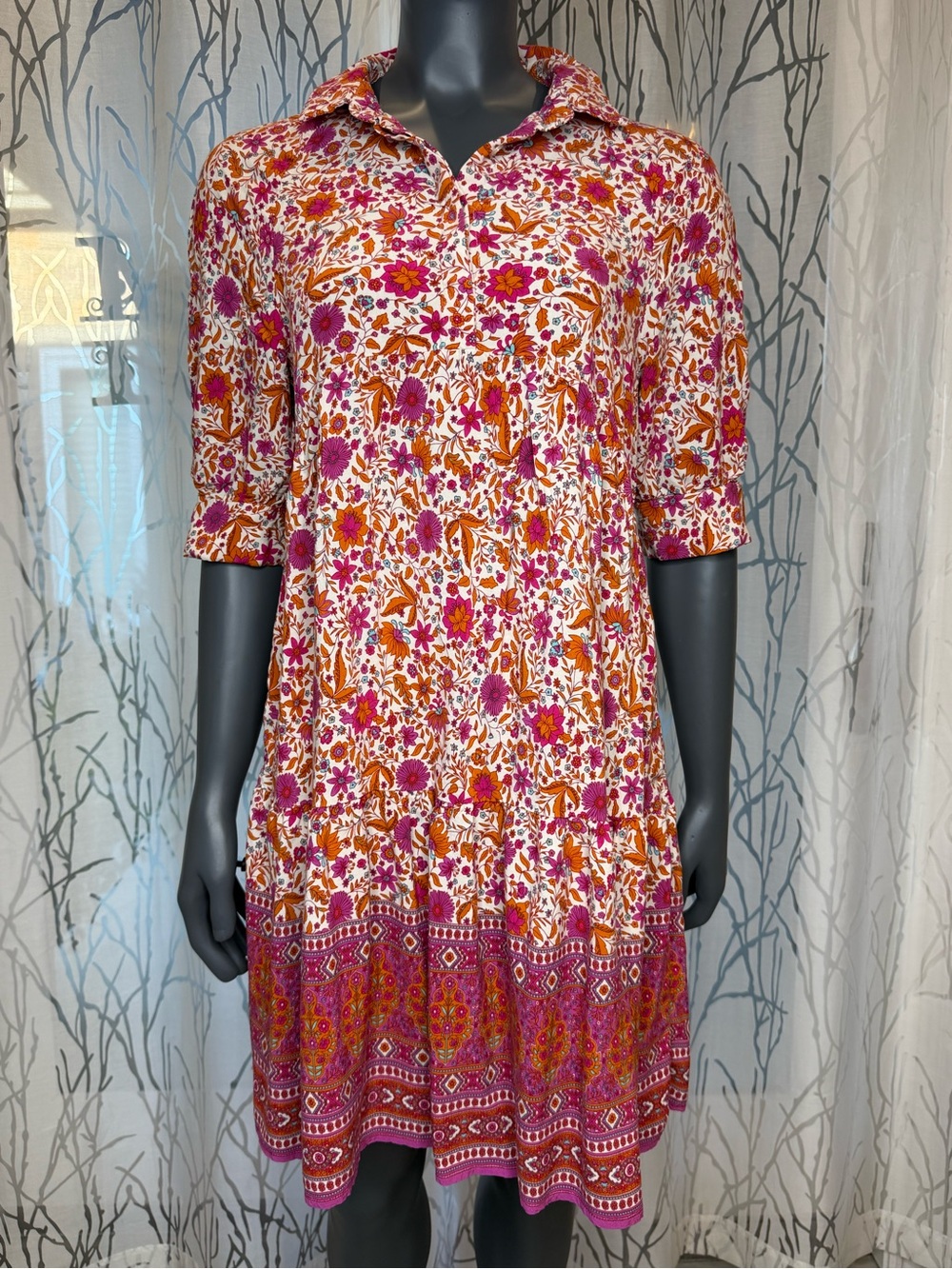 Natural Life Becca Floral Border Print Tiered Babydoll Dress Pink Orange M